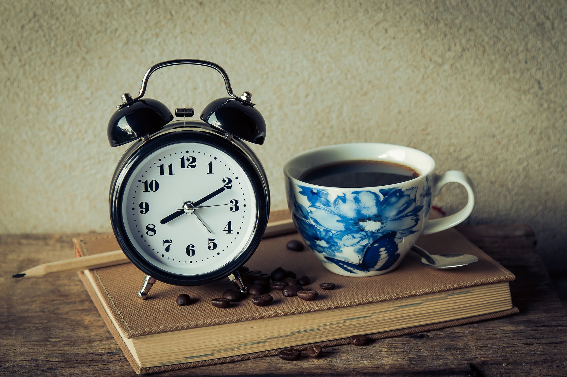 alarm clock black coffee book caffeine